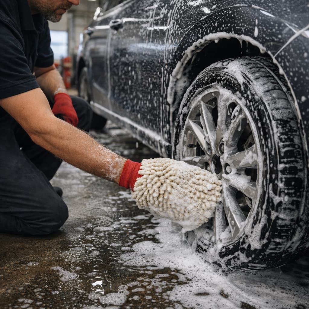 Exterior car detailing in progress on a standard sedan, including hand washing and wheel cleaning.