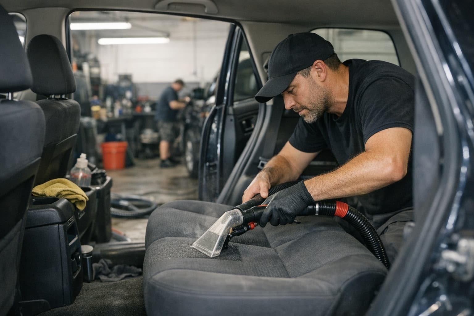 Technician using hot-water extraction on an SUV seat during a professional interior car detail.