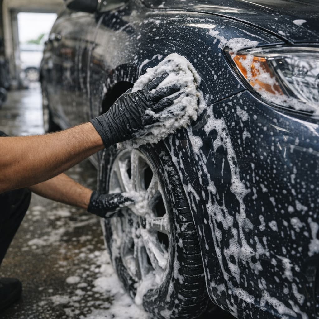 Hand washing and wheel cleaning during an exterior car detailing service.