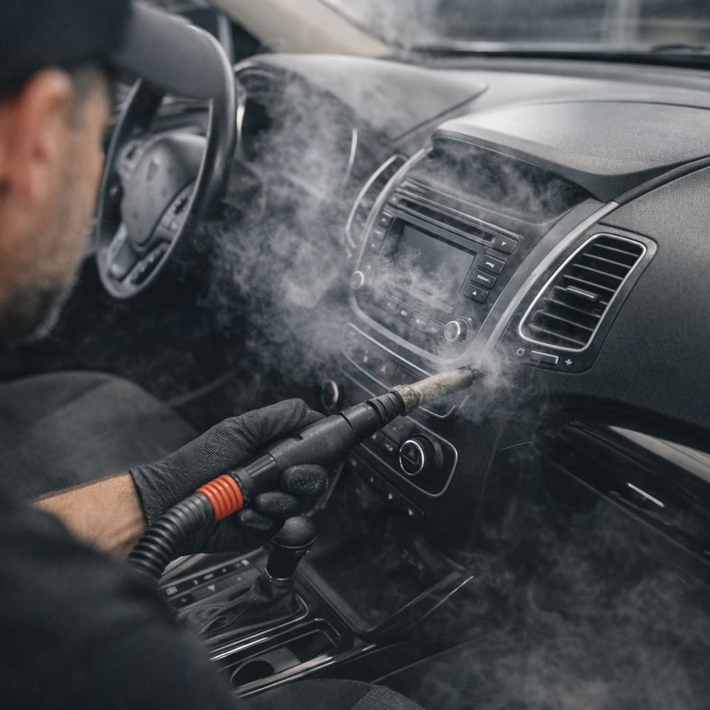 Steam cleaning around dashboard vents during a professional car interior detail.