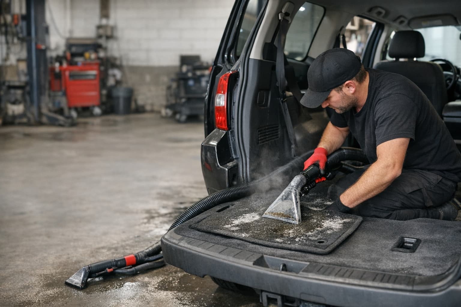 Detailer using a hot-water extractor on an SUV interior inside a shop bay.