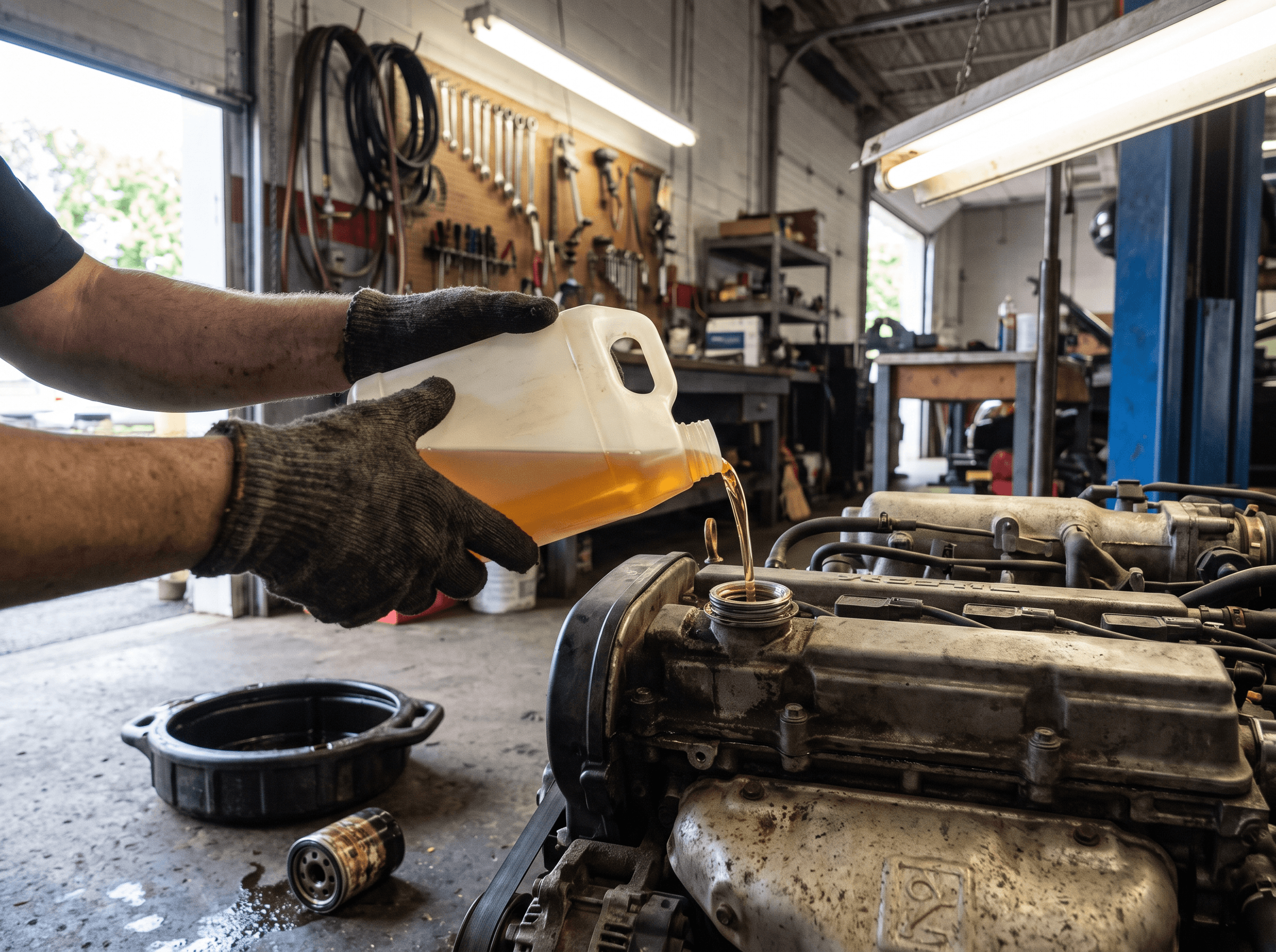 Technician pouring fresh oil into the engine of a car during an oil change in an Etobicoke shop bay