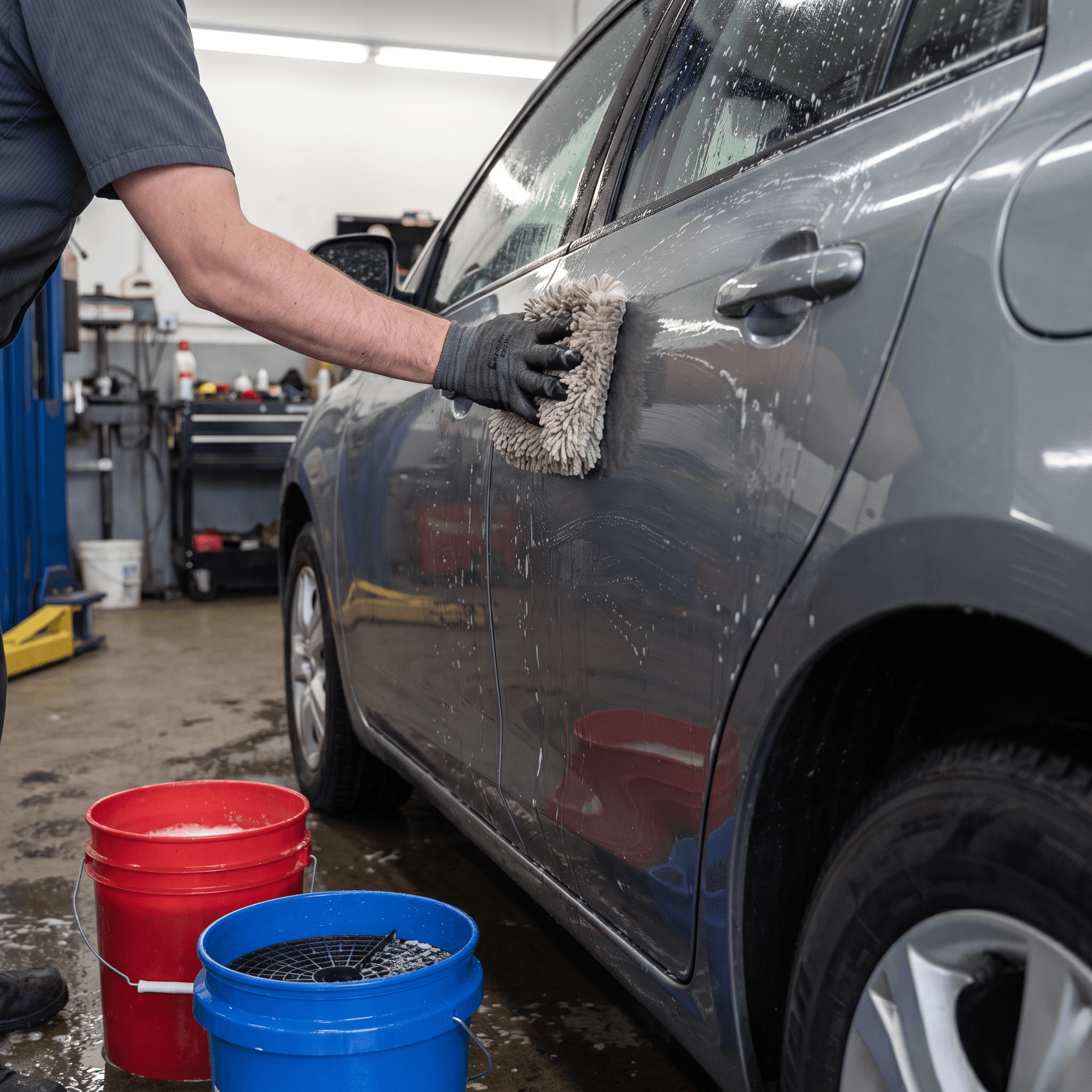 Two-bucket hand wash on a sedan at the shop, the free car wash included with every oil change