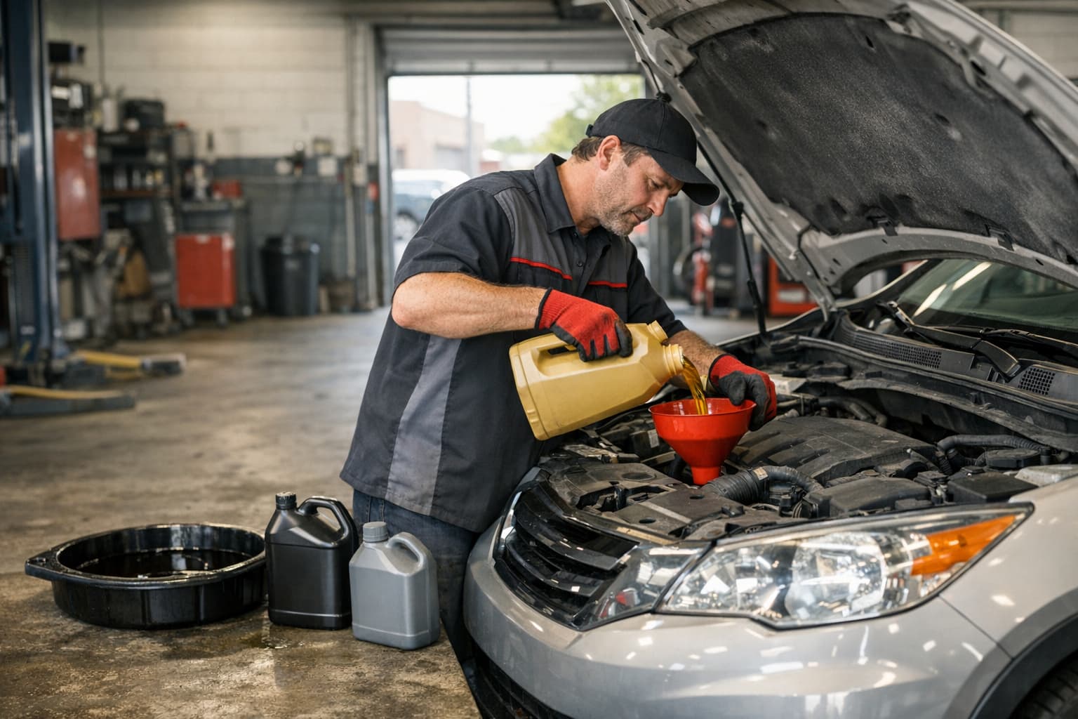 Mechanic pouring fresh engine oil into an SUV in a service bay.