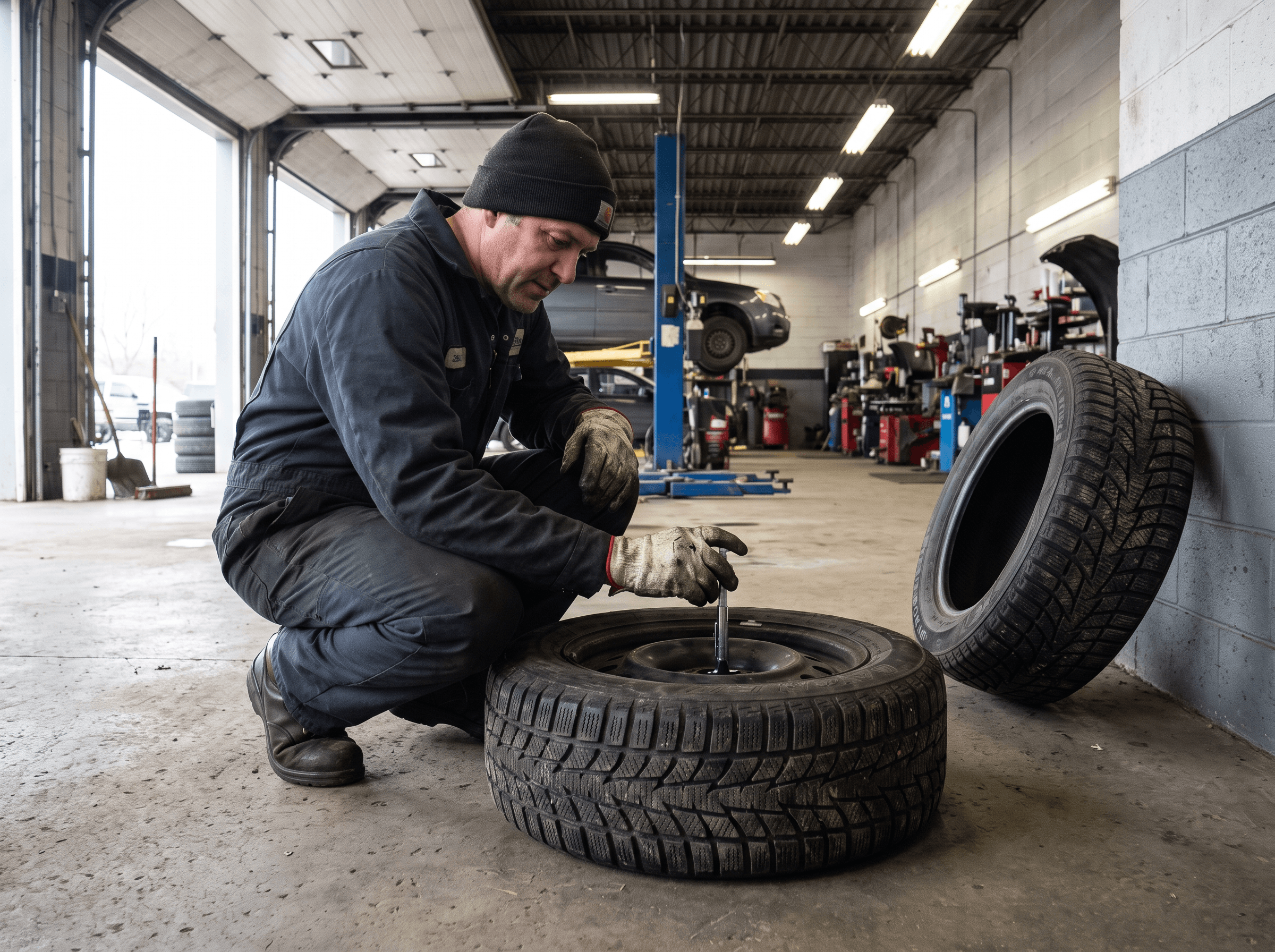 Technician measuring the tread depth of a used winter tire with a gauge inside an Etobicoke tire shop bay