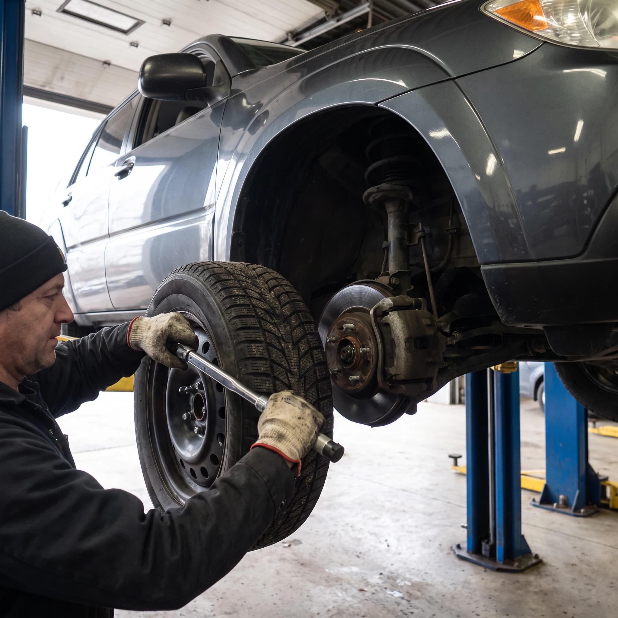 Winter tire being torqued to spec on an SUV wheel hub in a four-bay Etobicoke shop