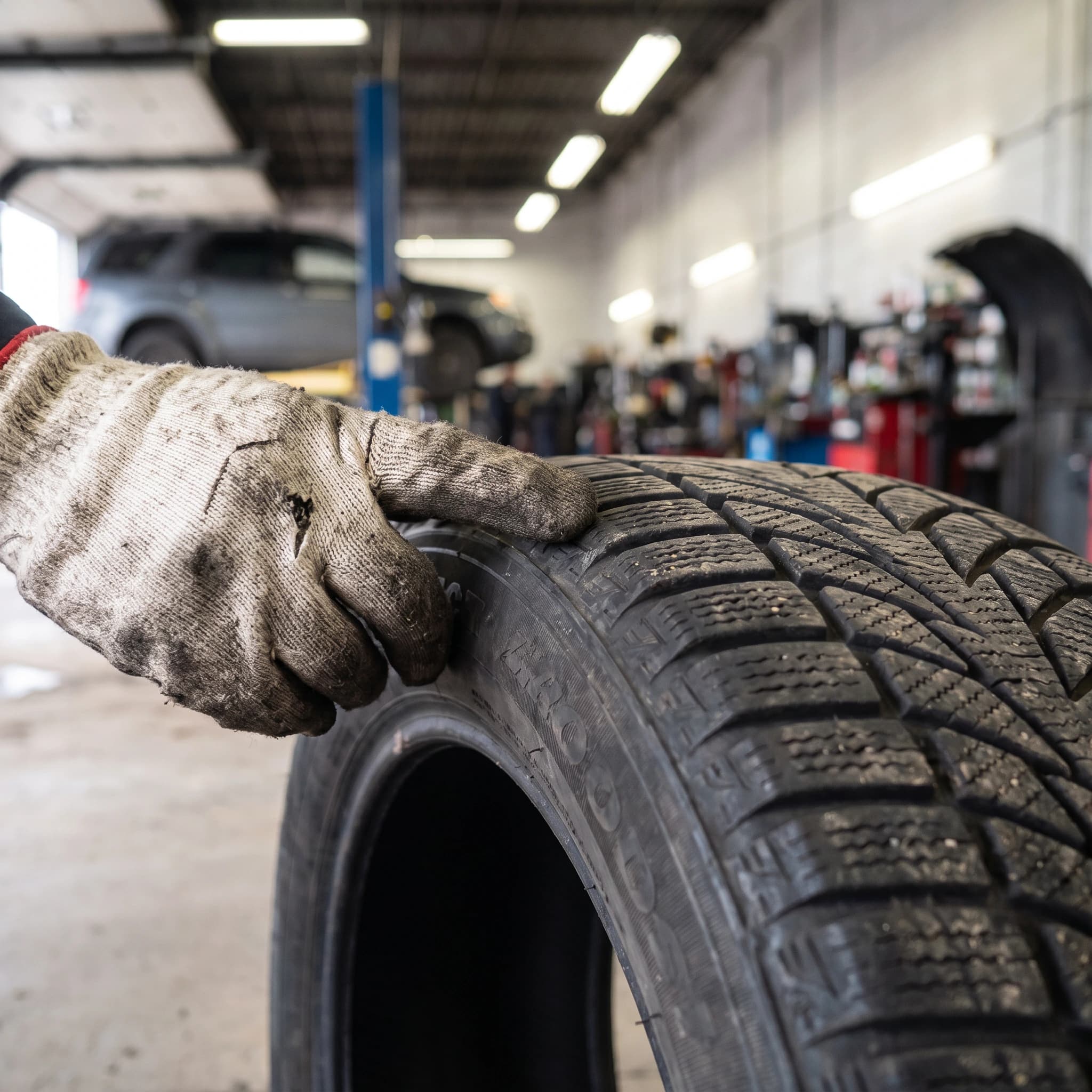 Gloved hand inspecting the sidewall markings of a used winter tire for age and damage