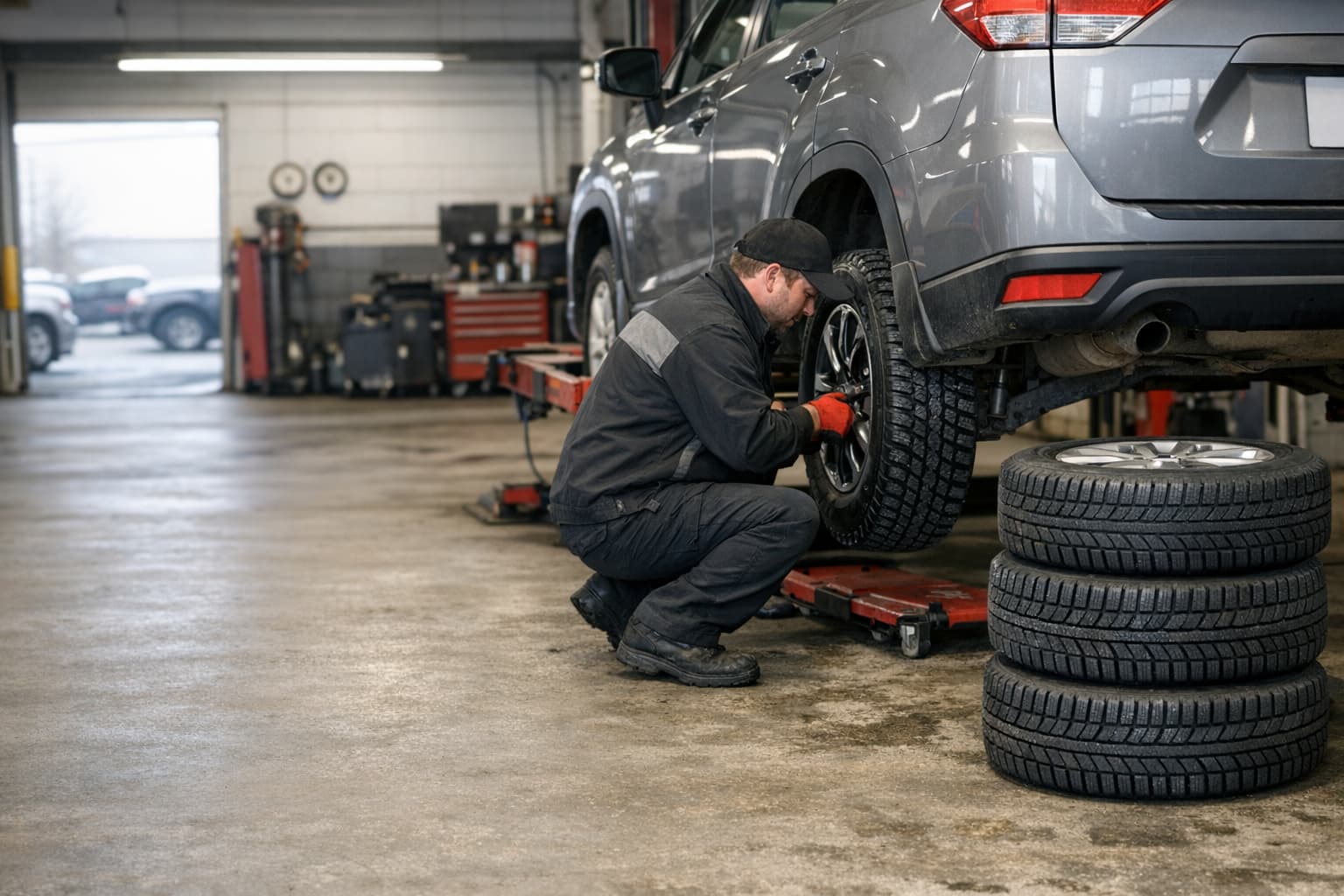 Mechanic installing a winter tire on an SUV inside an Etobicoke auto shop.