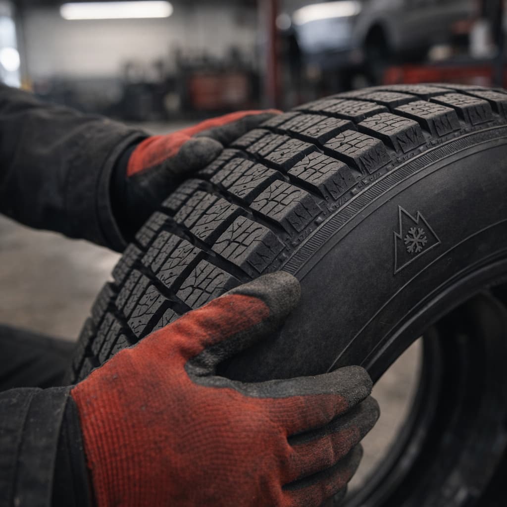 Close-up of a winter tire showing tread and the Three-Peak Mountain Snowflake symbol.