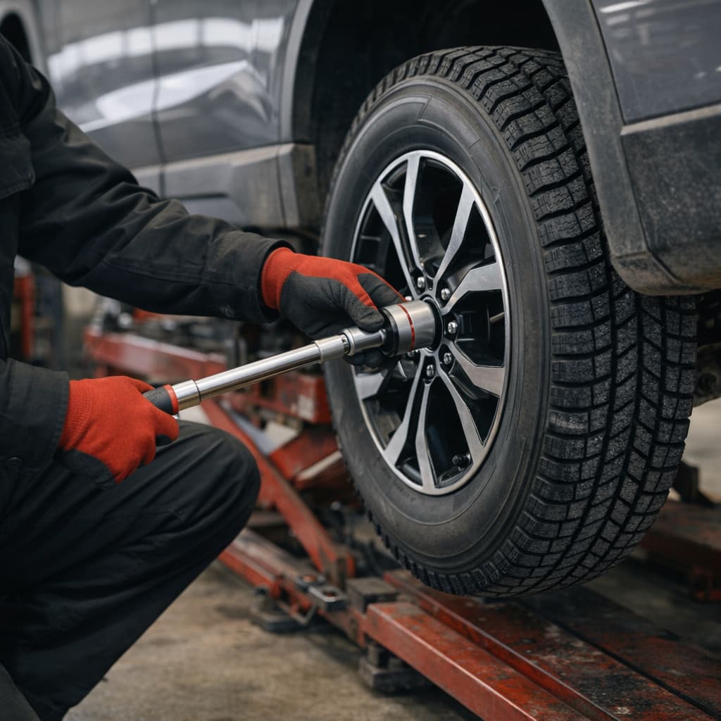 Technician tightening wheel nuts with a torque wrench during a winter tire change.