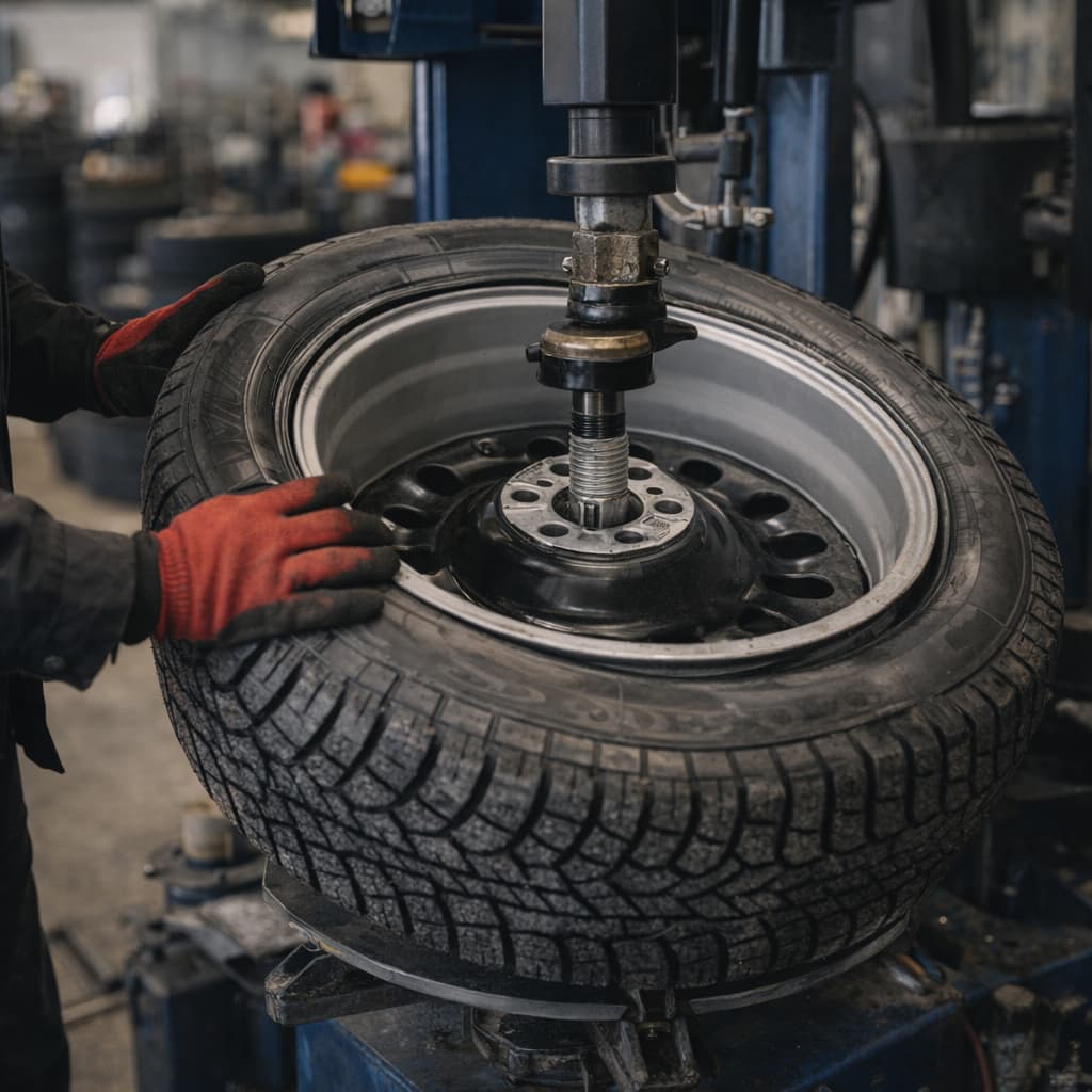 Winter tire being mounted onto a rim during an off-rim tire installation.