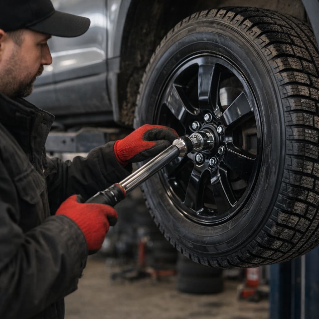 Torque wrench tightening a wheel after a winter tire change.